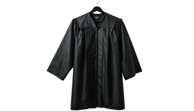 Black academic robe hanging on a black hanger against a dark background, studio shot