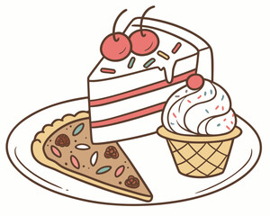 A delightful plate of cake cupcake and tart with cherries and sprinkles