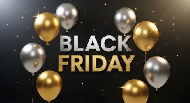 Sparkling gold and silver balloons adorn a premium display, highlighting an eagerly anticipated sales extravaganza representing incredible value and savings opportunities