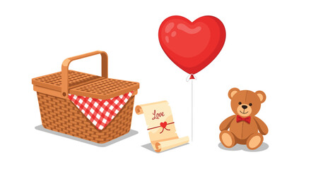 Romantic Picnic Basket with Teddy Bear and Heart Balloon, Generative AI.
