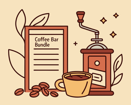 Coffee bar bundle illustration with grinder and coffee cup