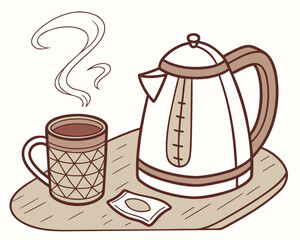 Cozy morning beverage preparation with steaming kettle and coffee cup