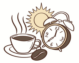 Morning coffee and alarm clock with sun illustration