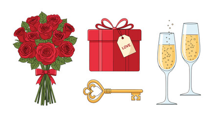 Romantic Symbols Bouquet Gift Key Champagne Glasses Celebration, Generative AI.