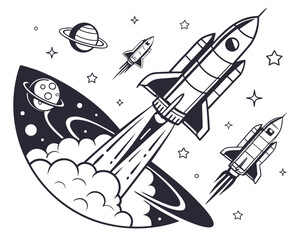 Rockets launching into space with planets and stars