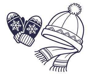 Winter hat scarf and mittens with snowflakes