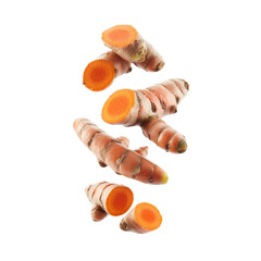 Fresh turmeric root falling in the air isolated on white background..png