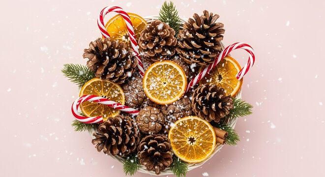Top view of a Christmas basket full of pinecones, dried oranges, candy canes, and artificial snow falling gently, clean minimalist pastel background, motion freeze photography