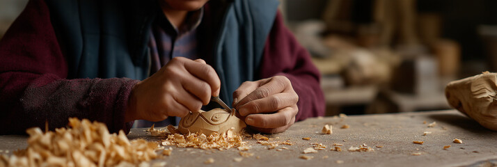 The image captures a skilled artisan focused on intricately carving wood in a workshop, highlighting the dedication and craftsmanship in the creation of unique art.