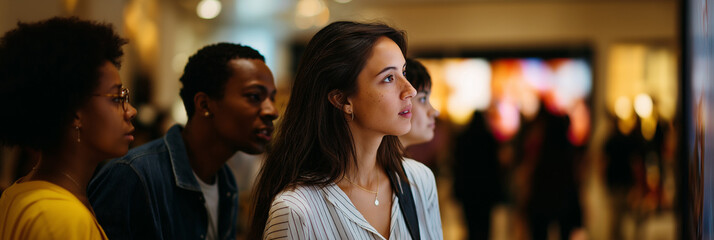 A diverse group of individuals attentively observing artwork displayed in an exhibition space, showcasing the connection between viewers and the artistic expression presented.