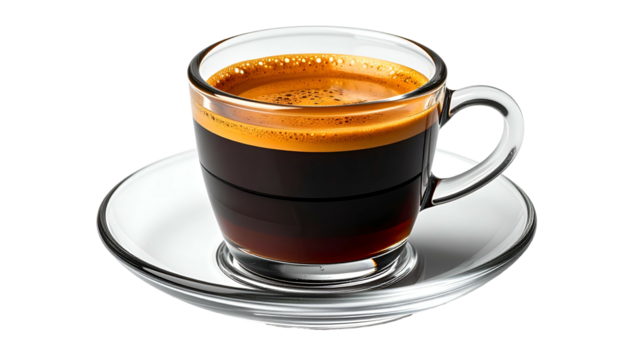 A glass cup of espresso, with crema, on a white saucer against a black background