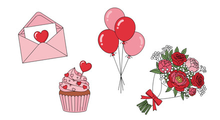 Valentines Day Celebration Elements Including Cupcake Balloons Envelope and Flowers, Generative AI.