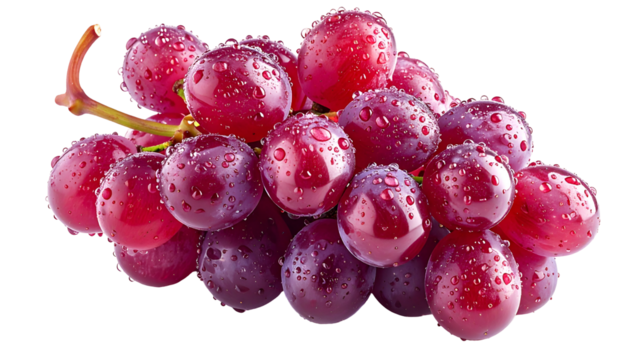 Close-up of a cluster of ripe, water-beaded, reddish-purple grapes against black