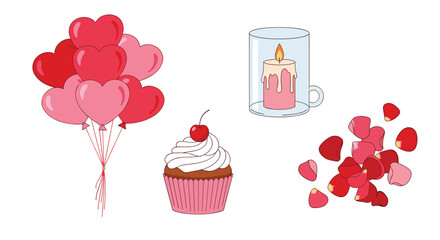Valentines Day Celebration Elements with Cupcake Balloons Candle and Petals, Generative AI.