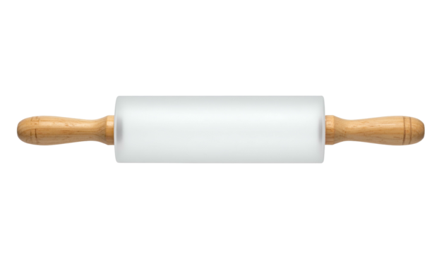 A close-up, horizontal view of a wooden rolling pin, centered on a black background