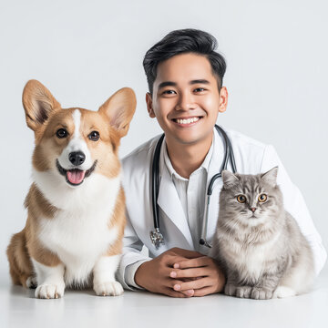 Young asian veterinarian poses with a corgi dog and a cat in a clinic. Two pets sit close as the veterinarian smiles beside a stethoscope.