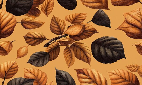 Stylized Autumn Leaves Pattern on Earthy Orange Background for Elegant Textile Design