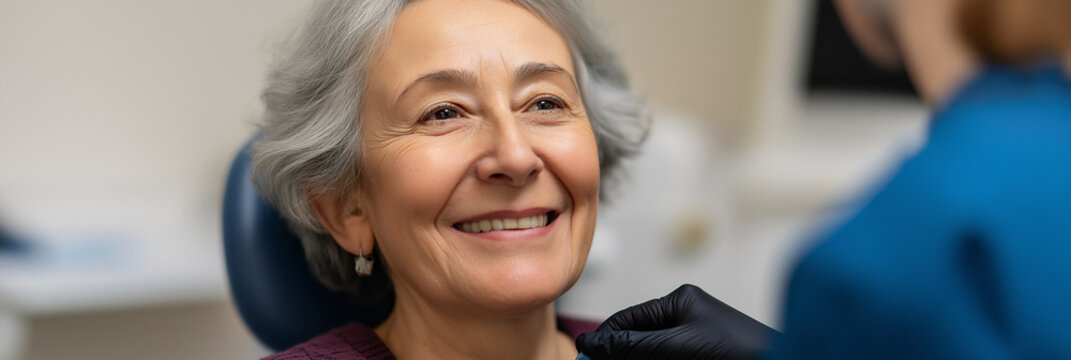 A cheerful older woman smiles while seated in a dentist's office, reflecting a positive experience and the importance of dental health for maintaining a joyful life.