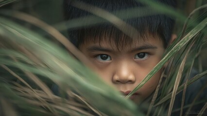 A young boy peers through tall green grass, his wide eyes fixed on the camera as the leaves frame his face. Concept Close-Up Portrait, Boy in Tall Green Grass, Leaves Framing the Face