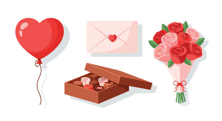 Valentines Day Gift Icons Collection Red Heart Balloon Chocolate Box Roses and Love Letter, Generative AI.