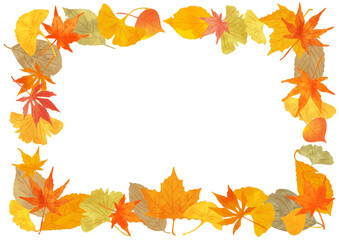 色とりどりに紅葉した落ち葉の長方形フレーム　ぬくもりのある手描き水彩風ベクターイラスト