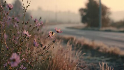 A bee on a pink wildflower beside a sunlit road. Concept Bee on pink wildflower, Sunlit road scene, Close-up nature detail, Pink bloom close-up, Summer field vibe