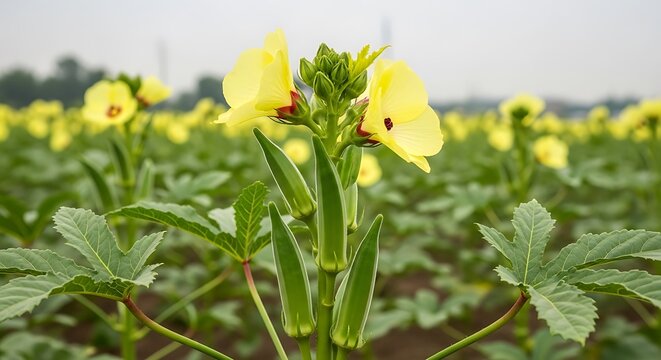 Vibrant Okra Field with Blooming Yellow Flowers and Developing Pods Under a Clear Sky.