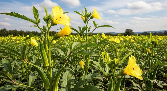 Vibrant Okra Field Under a Bright Blue Sky with Yellow Blossoms.
