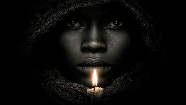 Close-up of a hooded, dark-skinned person with a single candle flame lighting their face. Concept Candlelit Portrait, Hooded Figure, Close-Up Lighting, Dark Skin Portrait, Intimate Noir Mood
