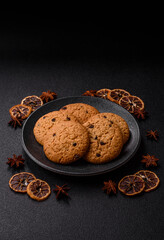 Food, oatmeal chocolate raisin cookies, dessert or breakfast pastry. Oatmeal chocolate cookies