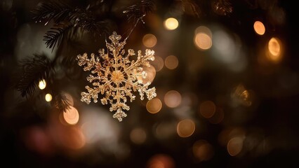 A crystal snowflake ornament hanging from a pine branch, illuminated by warm golden Christmas lights in the background. Concept Crystal Snowflake Ornament, Pine Branch, Warm Golden Christmas Lights