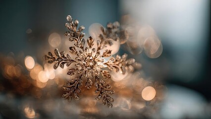 Close-up of a gold-toned snowflake ornament with warm bokeh lights in the background. Concept Close-up ornament detail, Gold-toned snowflake, Warm bokeh lights, Holiday macro photography