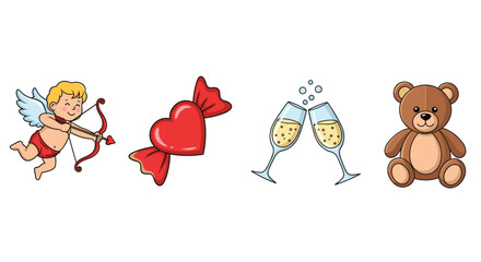Valentines Day Icons Collection Cupid Candy Champagne Teddy Bear, Generative AI.