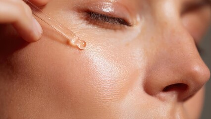 Close-up of a person applying clear serum to their cheek with a dropper. Concept Skincare routine close-up, Serum application, Clear serum, Facial care, Self-care beauty