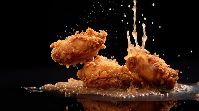 Crispy fried chicken pieces with a golden brown crust dynamic splash and glistening liquid in a studio setting with moody lighting