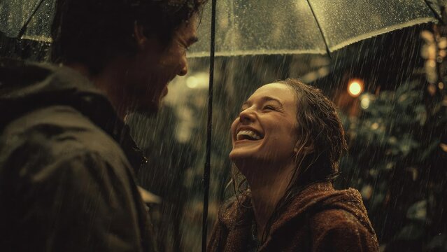 A couple sharing an umbrella in the rain, the woman laughing joyfully as droplets fall around them. Concept Rainy Day Romance, Umbrella Portraits, Joyful Laughter, Droplets in Rain
