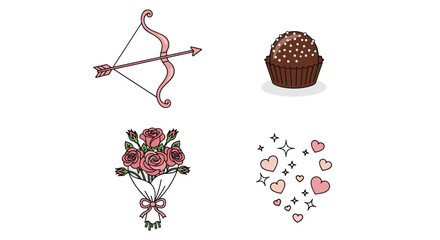 Valentines Day Icons Collection Cupids Bow Chocolate Roses and Hearts, Generative AI.
