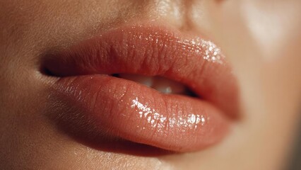 Close-up of glossy pink lips wearing lip gloss. Concept Lip gloss close-up, Glossy pink lips, Beauty makeup shot, Lip texture detail, Soft lighting portrait