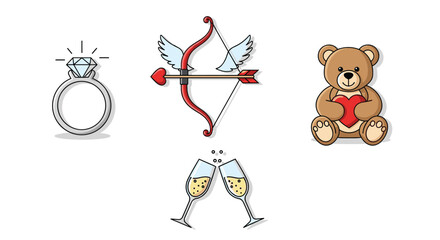 Valentines Day Icons Engagement Ring Cupids Bow Teddy Bear and Champagne Glasses, Generative AI.