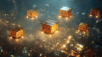 Glowing orange cargo containers suspended by cables hovering above a city at night. Concept Glowing orange cargo containers suspended by cables above a nighttime city