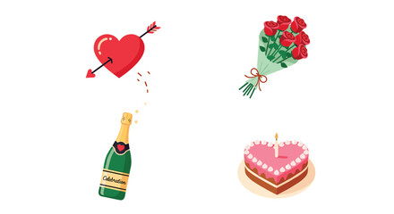 Valentines Day Icons Heart Roses Champagne Cake, Generative AI.