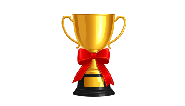 Shiny, golden trophy cup with red ribbon on a black base, isolated on a black background