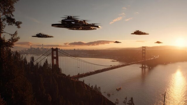 Futuristic flying saucers hover over the Golden Gate Bridge at sunset above San Francisco. Concept Futuristic UFOs over Golden Gate Bridge, Sunset over San Francisco, Sci-Fi cityscape photography