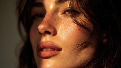 Close-up of a sunlit woman's face with glossy lips, glowing skin and freckles. Concept Sunlit beauty portrait, Freckles close-up, Glossy lips close-up, Glowing skin, Natural light photography