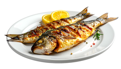 Grilled whole fish with lemon slices on a white plate, garnished with herbs