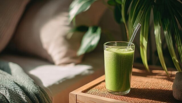 Green smoothie in a glass with a straw sits on a wooden tray, nearby are leafy plants and soft cushions. Concept Healthy Breakfast, Green Smoothie, Cozy Home Decor, Indoor Plants, Wooden Tray