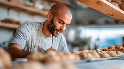 Skilled artisan baker preparing fresh, handcrafted bread with care in a bright bakery environment.