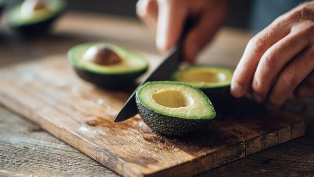 Two avocados halved on a wooden cutting board, with a knife slicing into one. Concept Avocado halves, Knife slicing, Wooden cutting board, Kitchen still life, Food photography - Powered by Adobe