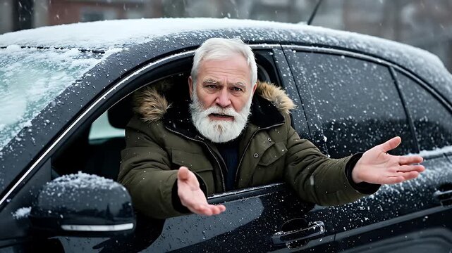 Elderly Caucasian Man With White Beard Gesturing With Hands While Looking Out Car Window During Snowy Weather