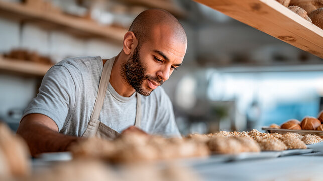 Skilled artisan baker preparing fresh, handcrafted bread with care in a bright bakery environment.